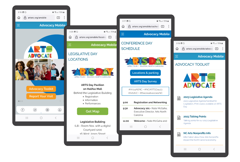 graphic displaying
four screens from the Advocacy Mobile site on phones
