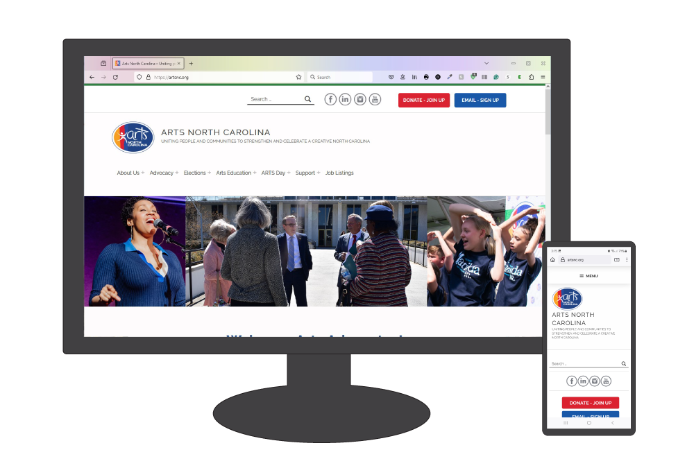 graphic displaying
Arts North Carolina site on a computer monitor and phone