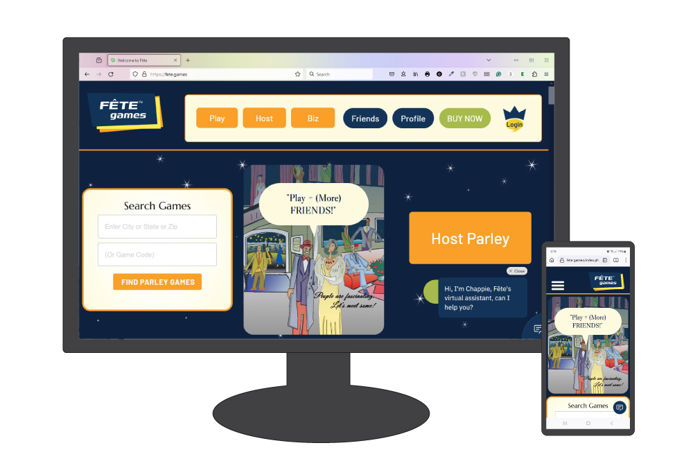 graphic displaying
Fête Games site on a computer monitor and phone